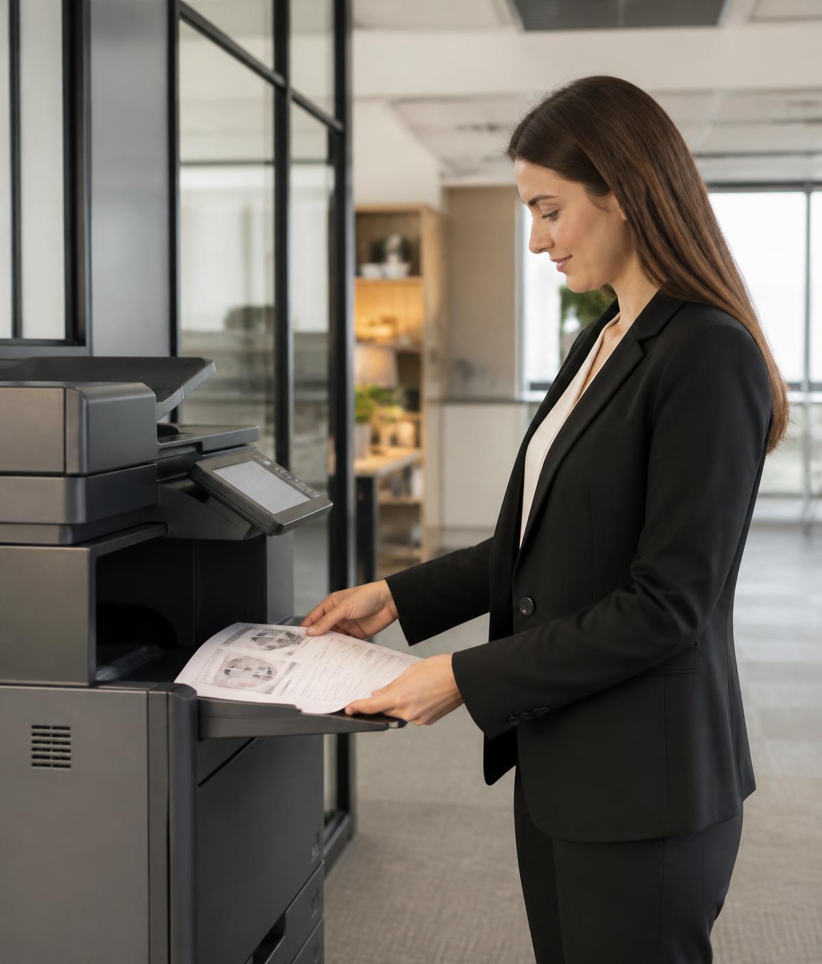 Profissional retirando documentos de uma multifuncional corporativa em ambiente empresarial